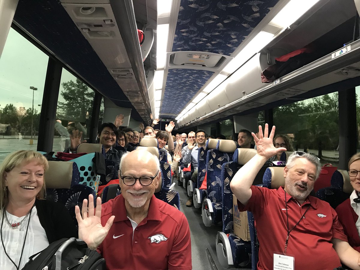 UArkansas's tweet photo. The annual faculty bus tour is on the road with @JoeSteinmetz &amp; @ProvostUark. See you soon Hot Springs, @ARMathSciArts and @GarvanGardens. #UARKtour18 #razorbug #uark https://t.co/Oz7O4D8UH0