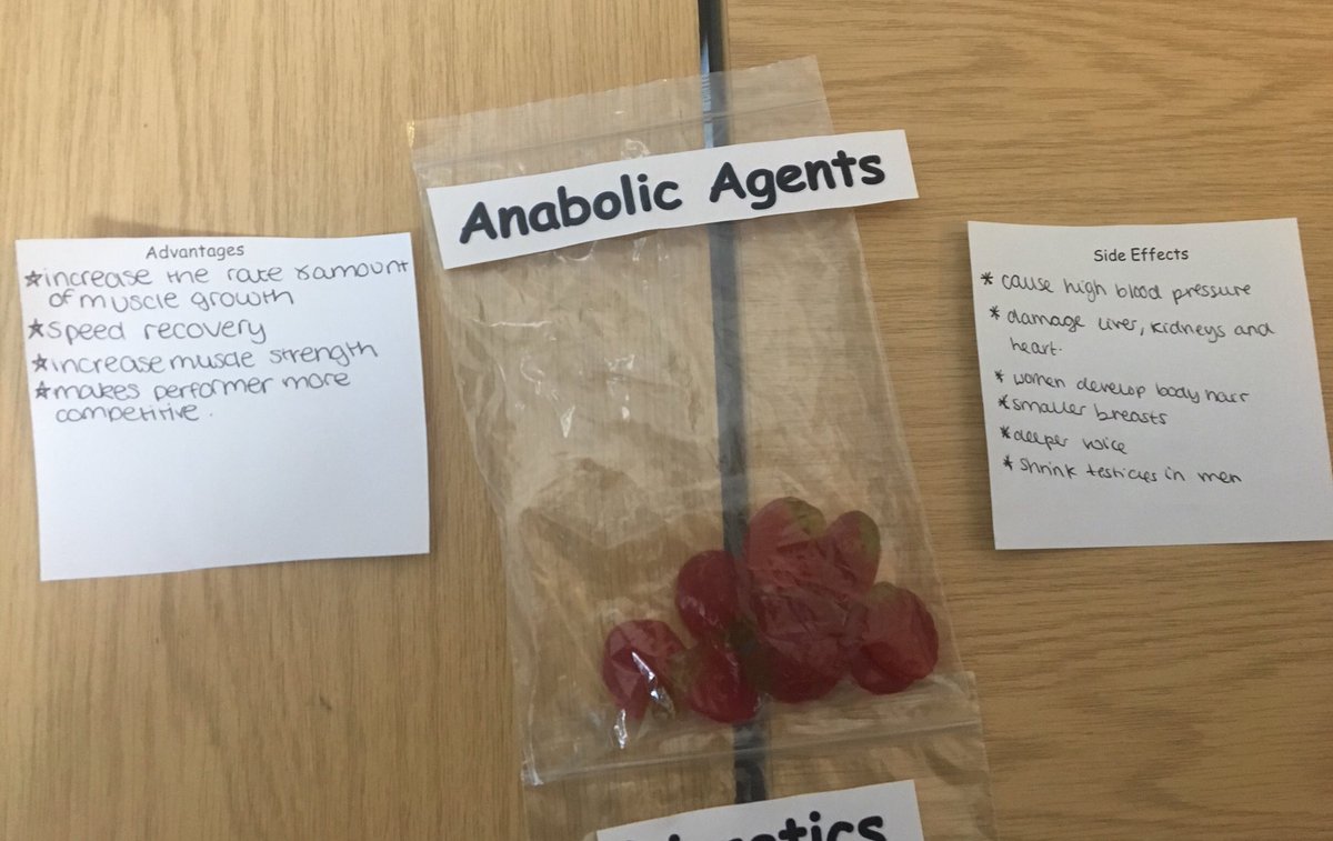 CatherineStow's tweet photo. @PEgeeks @GCSEPE @DUKES_PE 
Fun idea for Performance Enhancing Drugs... students had to name the advantages and side effects in order to sell the product to a partner on another market stall! https://t.co/JoKiDXoPfp