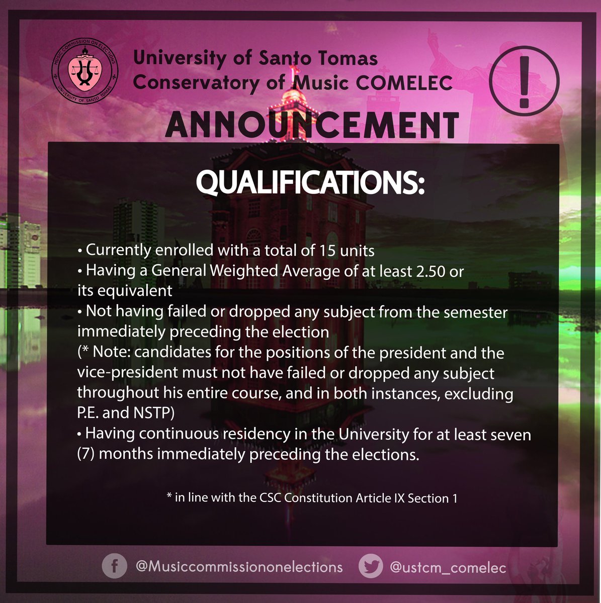 ustcm_comelec's tweet photo. Filing of Candidacy is still open tomorrow (May 16) until Thursday (May 17). File at the Music Comelec office! ☺

Grace period: May 18

For inquiries, contact the ff:
0906 863 3739
0956 743 6102 https://t.co/dKCMvvAAGy