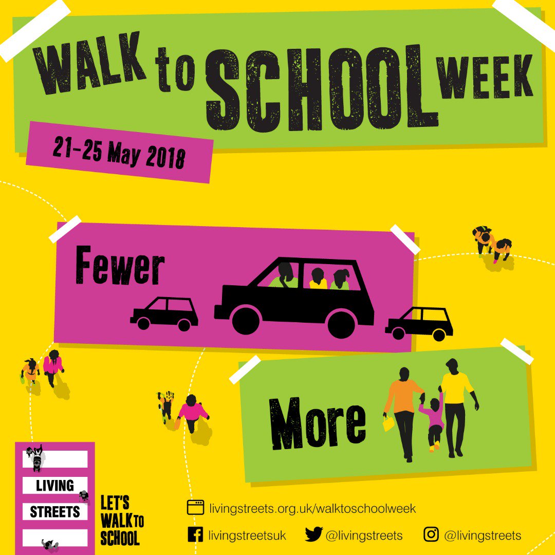 Walk to School Week 21-25 May starts on MONDAY 
Walk to School Week, taking place each May, is a country-wide celebration of walking. Each year Living Streets puts together a fun themed challenge to take on walking to and from school.

see the website:
bit.ly/2GhdlNv