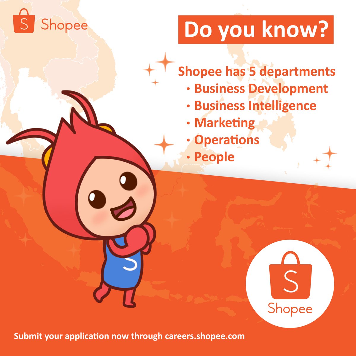 KampusUpdate's tweet image. Do you know?
Shopee has 5 departments
-Business Development
-Business Intelligence
-Marketing
-Operations
-People

Interested to join in one of our departments? Visit our site at careers.shopee.com for list of available roles and submit your application NOW!

#LifeatShopee