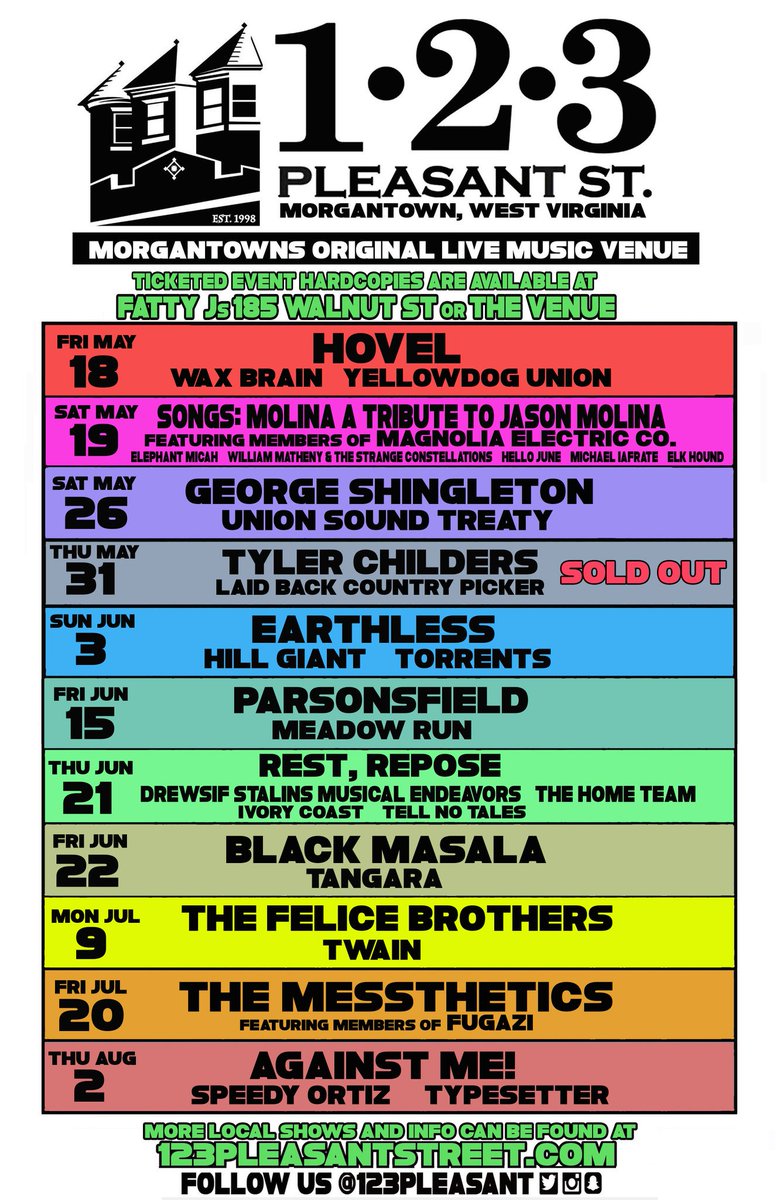 123pleasant's tweet photo. Upcoming ticketed events in Morgantown, WV!
https://t.co/6VZFyWKKNX 
@TTChilders @G_Shingleton @earthlessrips @Parsonsfield @RestReposeBand @ItsDrewsif @BlackMasalaBand @felicebrothers @againstme @speedyortiz @WaxBrainBand @William_Matheny @wearehellojune @HillGiantinc @USTreaty https://t.co/5izCYvqDdV