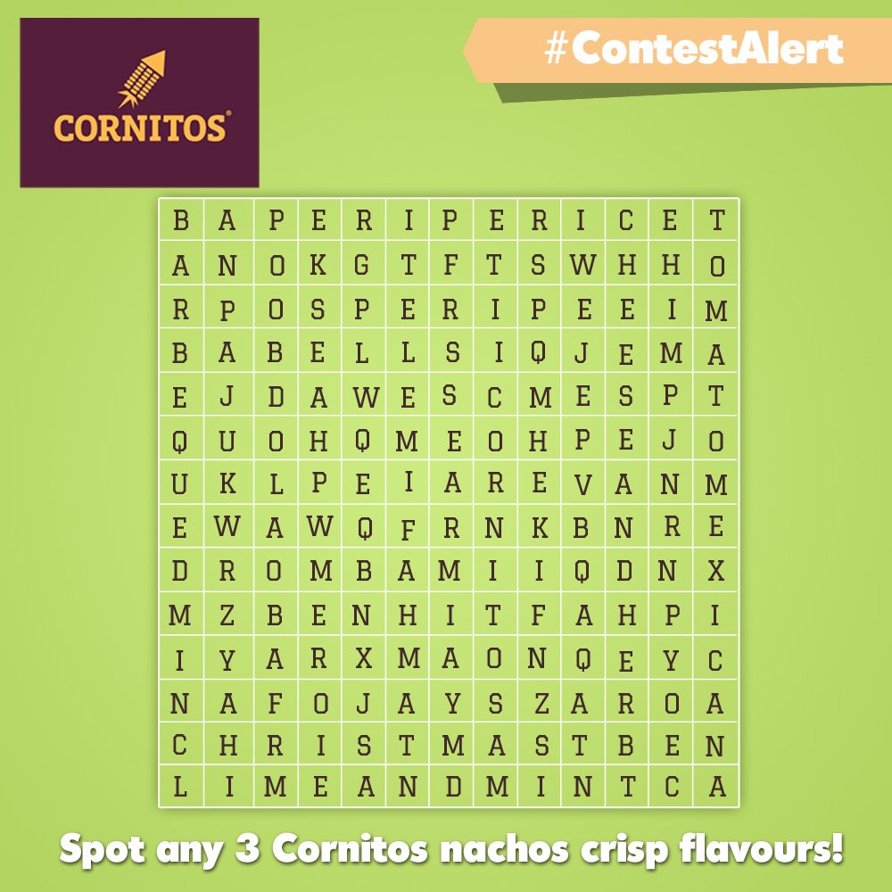 cornitos's tweet photo. #ContestAlert

Guess any 3 Cornitos Nacho Crisp flavours in the Crossword below and WIN a Cornitos hamper.

#Cornitos #nachos #delicious #foodie #familytime #healthysnacking https://t.co/clR84eqSgK