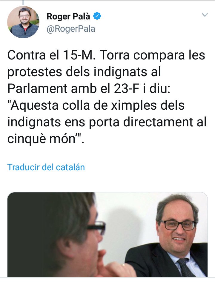 escolane's tweet photo. Hoy es #15M y, paradojas de la vida, hemos pasado de bloquear el Parlament para evitar ley Omnibus a tener un President  que llamaba golpistas e idiotas a los 'indignados'. Que las banderas no nos dejen ciegos del todo y tengamos memoria. https://t.co/mJ5qhHIOLR