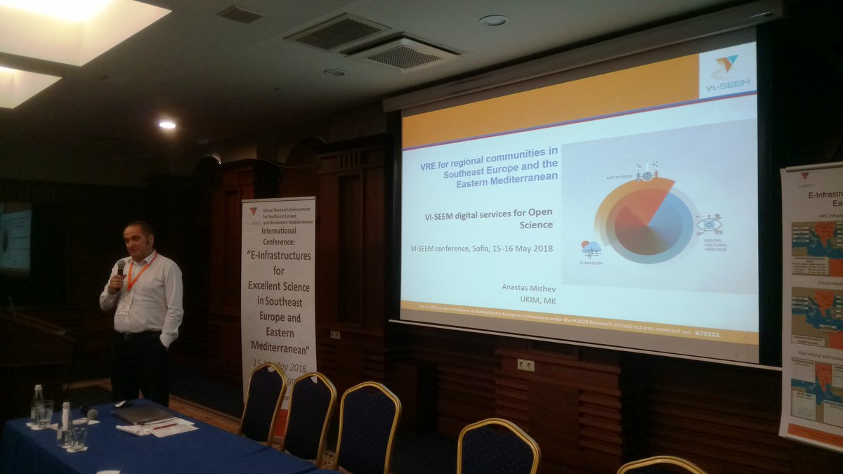 NI4OS_eu's tweet photo. Dr. Anastas Misev from UKIM presents #VISEEM digital services for Open Science, at the #H2020 #VISEEM international conference. #eInfrastructure https://t.co/aE0mCP027S