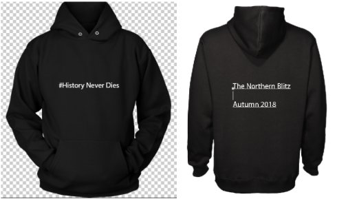 NorthernBlitz2's tweet photo. Here is a picture of my merchandise related to the documentary I would really appreciate it if you could give me some feed back on its appearance and how it could be improved. 
#Historyneverdies https://t.co/O20ROeWYYj