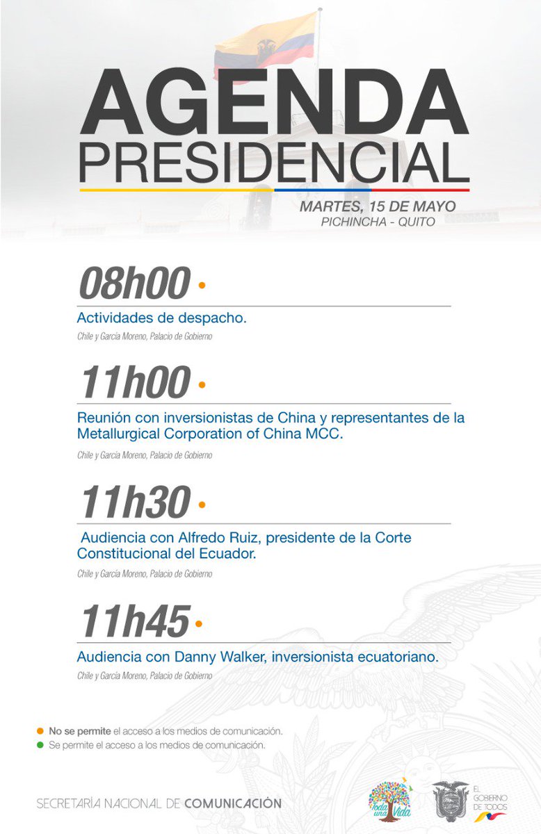 GoberCarchi's tweet photo. Compartimos con ustedes la agenda del presidente de la República, Lenín Moreno, correspondiente al 15 de mayo de 2018. https://t.co/K6iY5tAm6P