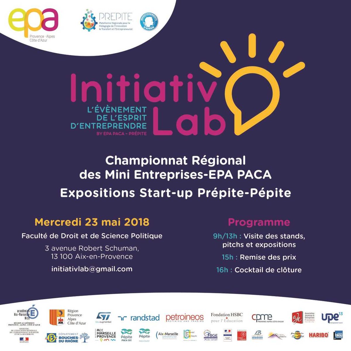 PepiteProvence's tweet photo. Save the date : rendez vous le 23 mai à @FdspAmu pour #initiativlab l'évènement de l'esprit d'entreprendre by @PrepitePaca  et @epa_paca ! 
+ d'infos ici : https://t.co/IvuSvAHSkb https://t.co/psrSg5RgA2