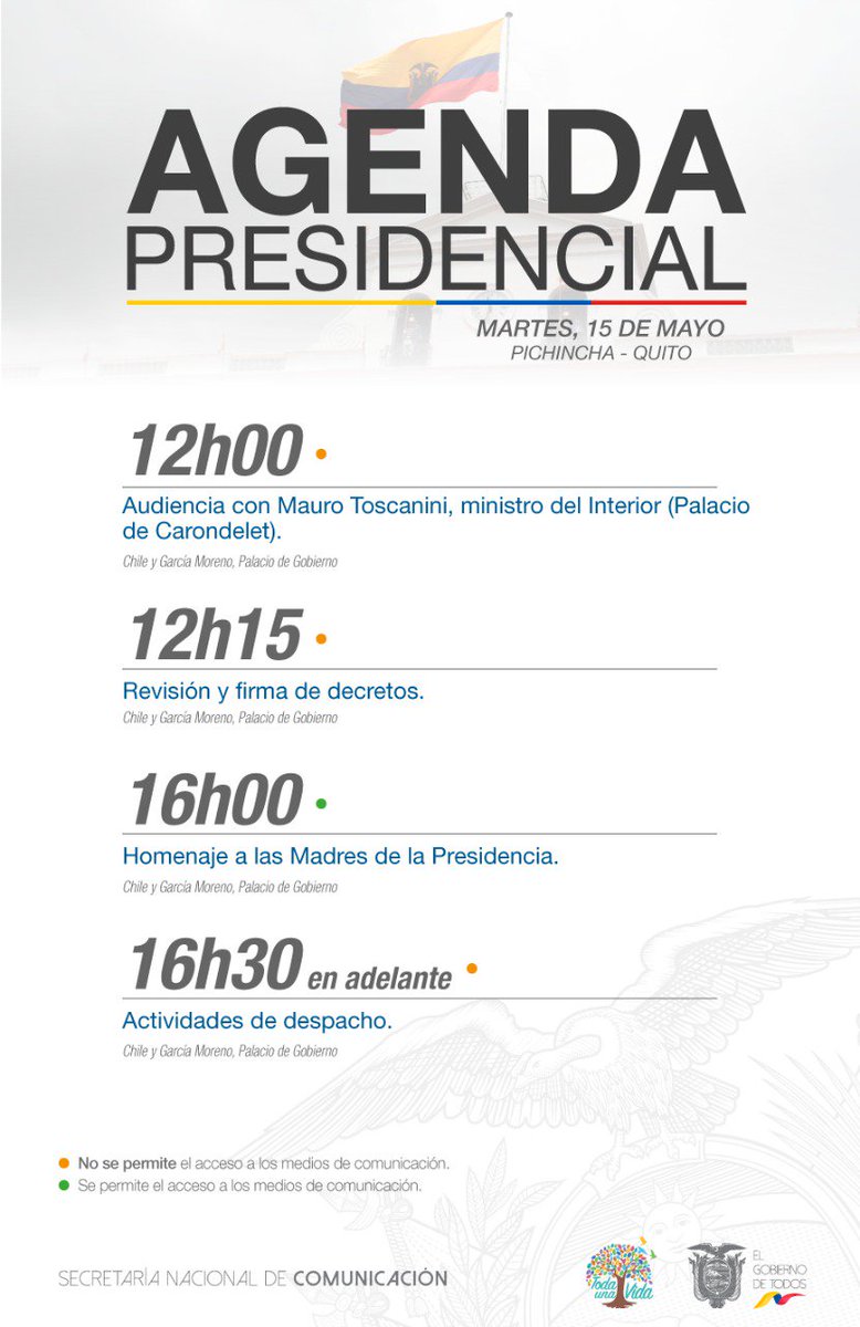 GoberCarchi's tweet photo. Compartimos con ustedes la agenda del presidente de la República, Lenín Moreno, correspondiente al 15 de mayo de 2018. https://t.co/K6iY5tAm6P