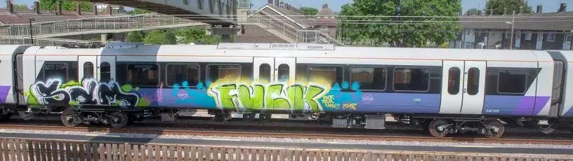chrissssmith's tweet photo. It's 7 months until #Crossrail services begin, and the first shiny new Elizabeth Line train has already been graffiti'd on after being left out overnight in Abbey Wood. This is why we can't have nice things. https://t.co/qPx7c3T0cj