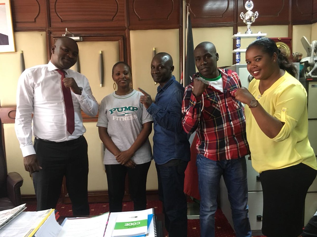 PumpFitnessKE's tweet photo. The @PumpFitnessKE team with CS for Sports and Heritage, Richard Achesa (who was once a boxer) when they paid him a courtesy call at his office.  Mr.Achesa applauded the efforts made by the team and  overwhelmingly endorsed the #AwakeningBoxingTournamentKE https://t.co/YhcIYNzDcQ