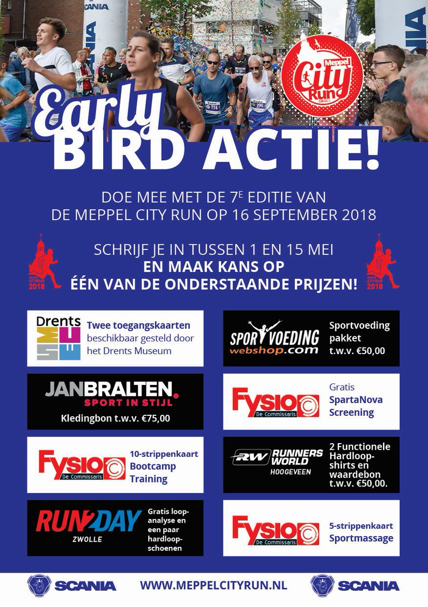 Alleen vandaag nog maak je kans op de Early Bird prijzen bij inschrijving voor de Meppel City Run!
<a href="/LeverNotarissen/">Bart Lever - notaris Meppel</a> te Meppel zal volgende week de officiële trekking verrichten, hou Social Media in de gaten voor de uitslag.
#MCR18 #notaris #prijzen