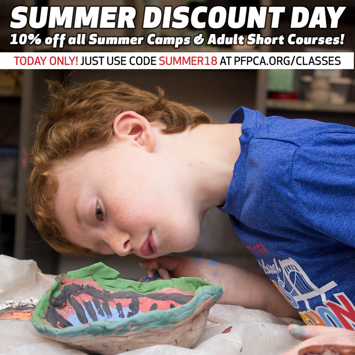 Haven't signed up for a summer camp or class yet? Now's the time! Today only, use code SUMMER18 at pfpca.org/classes or call 412-361-0455 to receive 10% off your summer camp, youth intensive, or adult class registrations. Don't miss this flash sale!