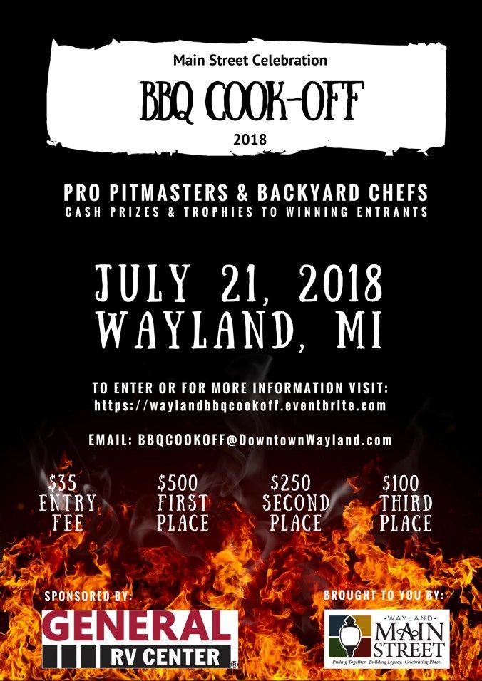 WaylandMainSt's tweet image. We will be holding our second annual BBQ Cook-Off during the Main Street Celebration this year. If you want to put your skills to the test and compete for cash prizes, head over to the event page to sign up! buff.ly/2In3USQ