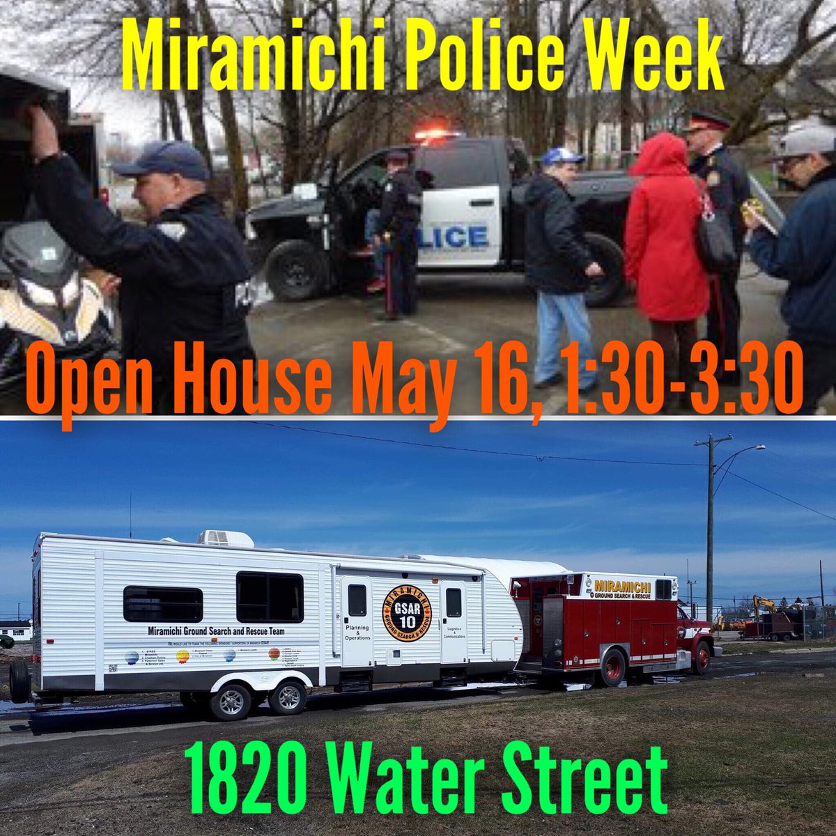 MiramichiGSAR's tweet photo. To help celebrate Police Week, members of the #MGSAR team will be at the #Miramichi Police Open House tomorrow, 1:30pm-3:30pm, 1820 Water Street!

2pm is the K9 Meet &amp; Greet 3pm is the Tactical Team Display.

The event is open to the public and will be held rain or shine.

#mpf https://t.co/6oEJxSqVcR