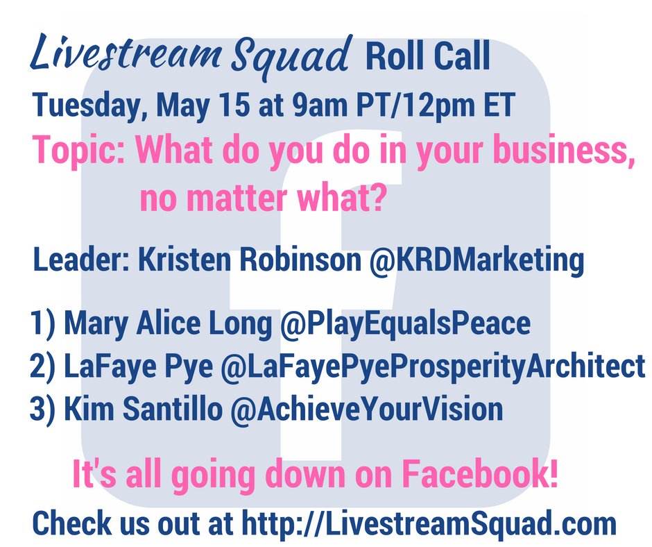 KRDMarketing's tweet photo. Regardless of what happens, there are things in your business that you do everyday. Today's Livestream Squad Roll Call will be sharing with us what they do in their business everyday, no matter what happens. Join us at 9am PT/12pm ET on Facebook! #SquadUp #RollCall https://t.co/zBLs1ZF3b2