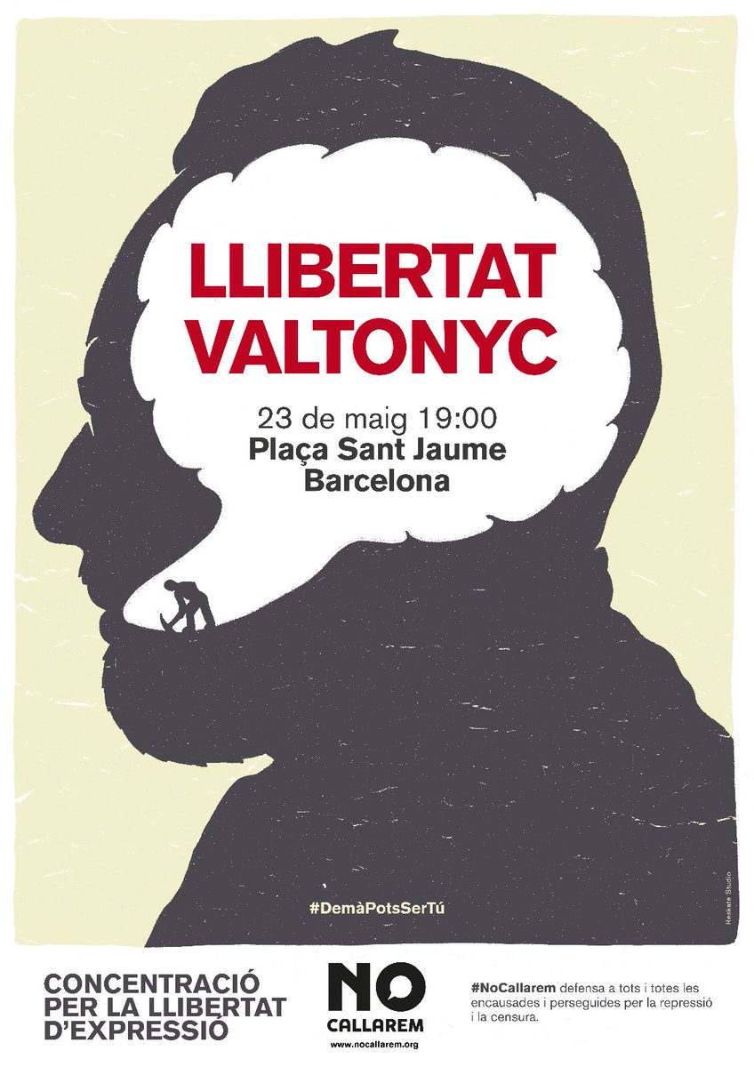 no_callarem's tweet photo. #URGENTE 

En el 7º aniversario del #15M os animamos a convocar manifestaciones por la libertad de expresión en todo el Estado para evitar el encarcelamiento inminente de @valtonyc 

Hacia el #23M 
#NoCallaremos
#MañanaPuedesSerTú 
@FreeValtonyc https://t.co/wf8kddfIGd