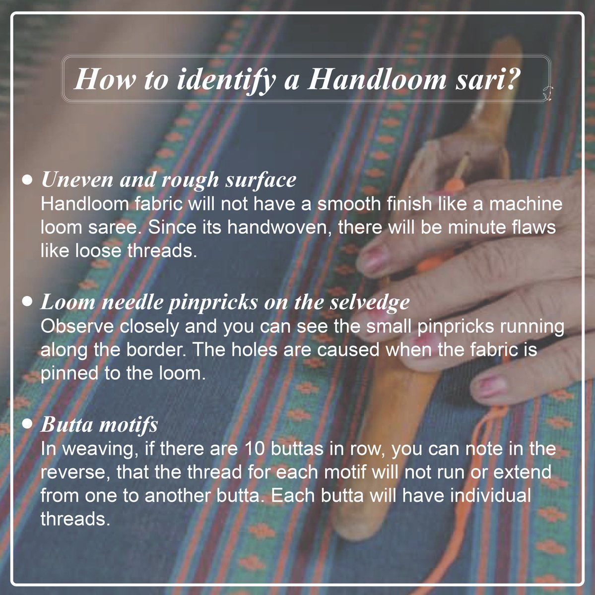 loomworldgov's tweet photo. Get to know how to differentiate a handloom from a powerloom sari!  The need of the hour is to make a customer aware of the distinction between handloom fabrics and mechanized imitations. Unsuspecting customers end up paying far more for a powerloom product! https://t.co/xEvqS5PLJt