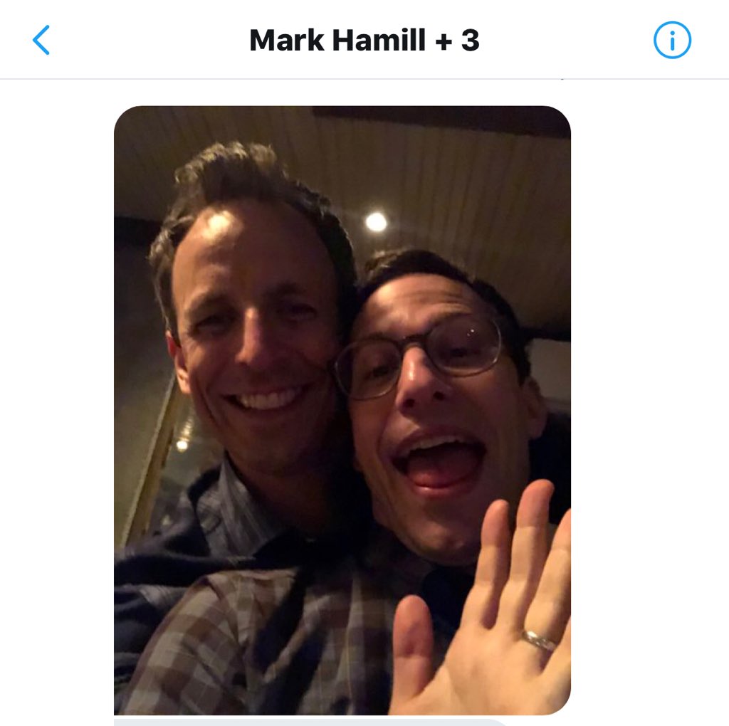 MarkHamill's tweet image. Thanks for the wave, @AndySamberg - here's one right back at ya! Btw, @Lin_Manuel named our fanboy group-chat (me, @RealGDT @SeanAstin @sethmeyers) #GuardiansOfThe99. Better than my suggestion: #Benign99ers, don't ya think? 
#Brooklyn99StrikesBack