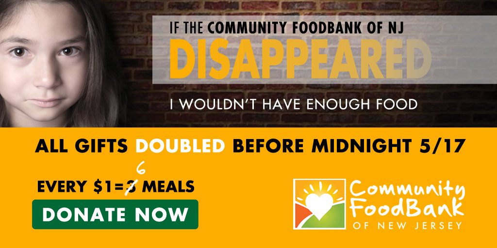 CFBNJ's tweet photo. Nearly 1 Million people in our community face hunger. Your gift will be MATCHED having twice the impact on hunger. #FoodHelpHope #EndHunger #HungryKids #NoFoodBankNoFood https://t.co/HDgP03UdvA https://t.co/MIHeyJqTxx
