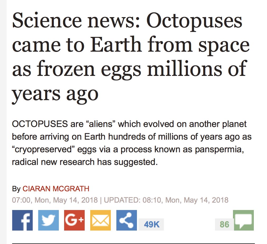 phylogenomics's tweet photo. Headline: "Octopuses came to Earth from space as frozen eggs millions of years ago"  https://t.co/iqZVO3Dd67 - stunningly there is an actual paper this is based on https://t.co/gUItCVRA5X https://t.co/NNg6h8PAHS