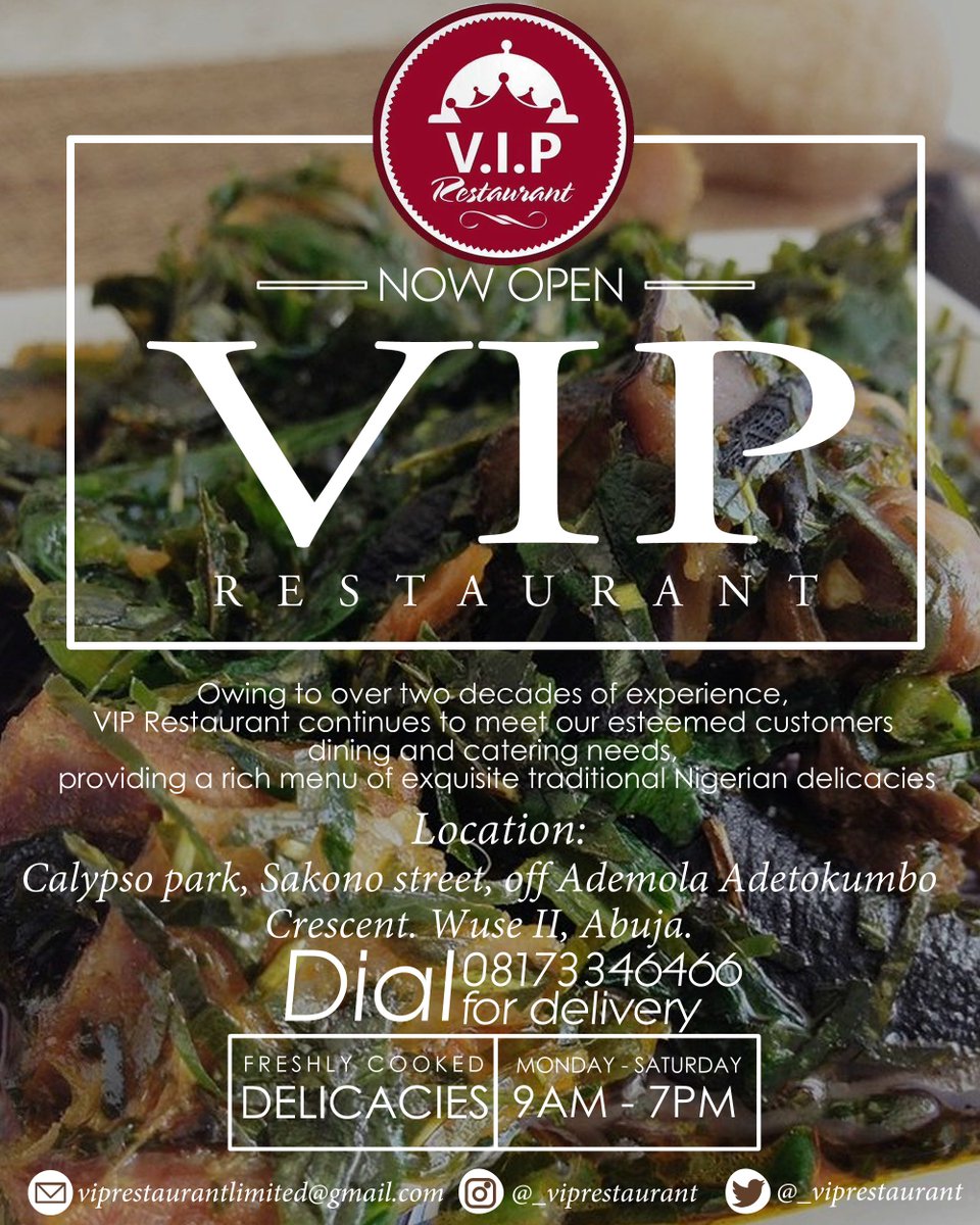 _viprestaurant's tweet photo. Place your Orders!!! 
VIP #Restaurant is now open in #Abuja!!! 
The best #food in the #city.
#Delivery to your #door, with a touch of #home. 
We are #healthy, we are #fresh, we are #VIP!!!

#follow
#healthyfood
#restaurant 
#Retweet
#Ramadan2018 #Nigeria 
#Share
#FCT https://t.co/lqUsYOrWZ6