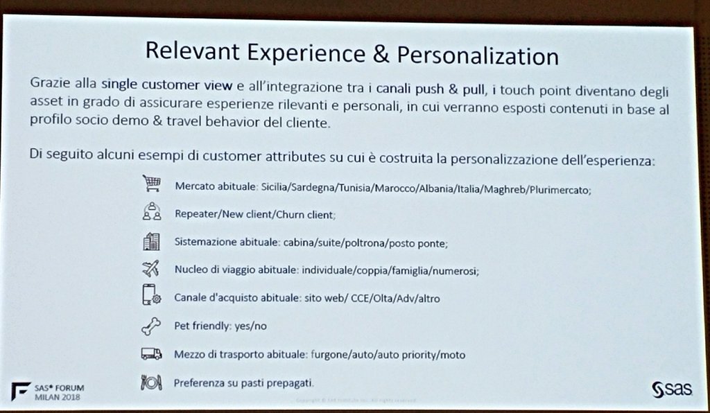 rosagiuffre's tweet photo. #KPI e dati su cui è costruita la personalizzazione dell'esperienza e della proposta per #GrandiNaviVeloci #SASforumMilan
@VALUELAB https://t.co/WwT3MPi4wM