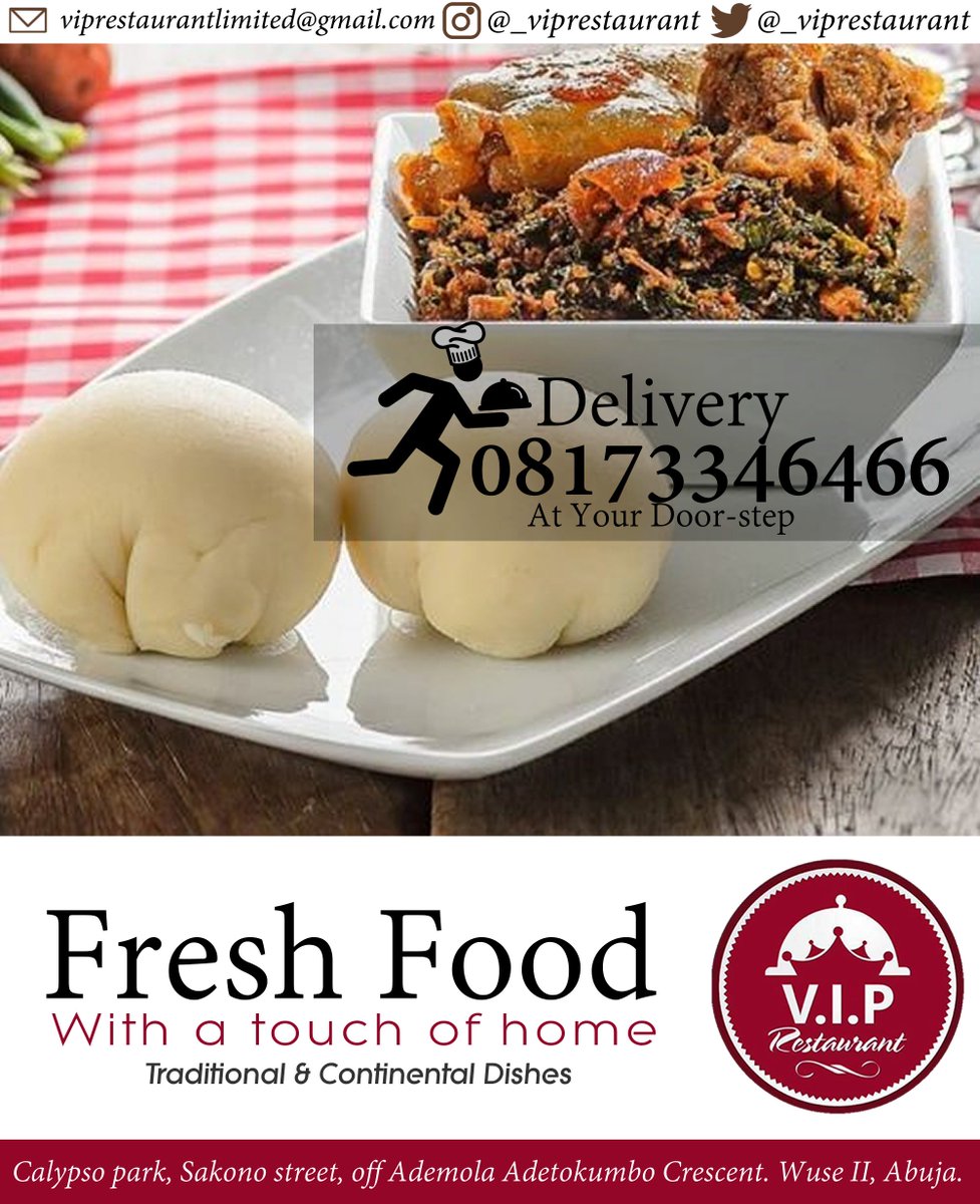 _viprestaurant's tweet photo. Place your Orders!!! 
VIP #Restaurant is now open in #Abuja!!! 
The best #food in the #city.
#Delivery to your #door, with a touch of #home. 
We are #healthy, we are #fresh, we are #VIP!!!

#follow
#Ramadhan2018
#restaurant 
#Retweet
#Nigeria 
#Share
#FCT https://t.co/5VuScDDpNR