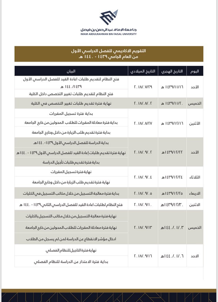 الامام تقويم جامعة العام الدراسي