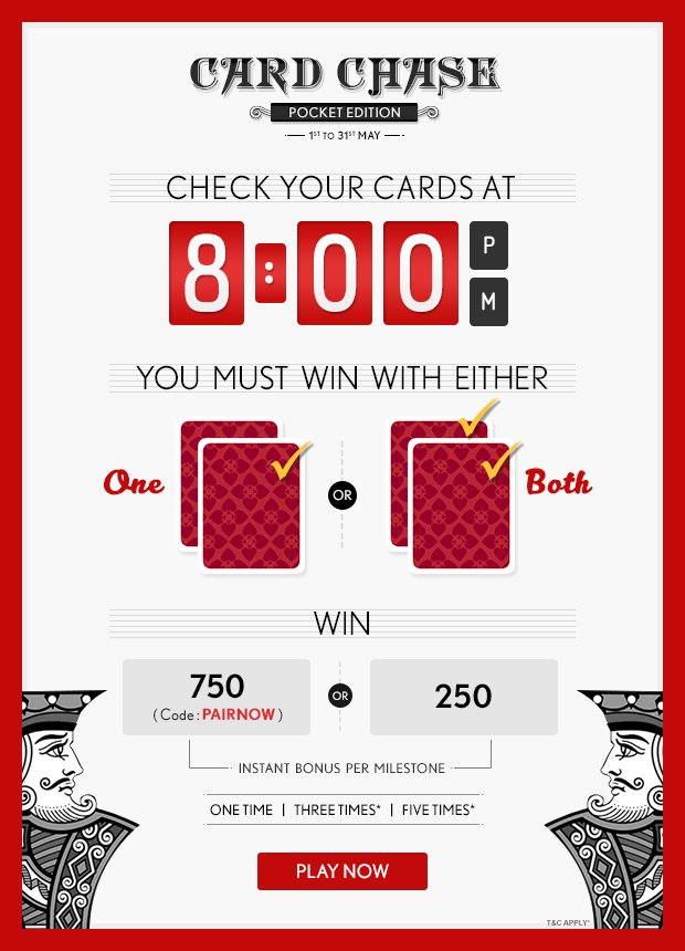 Adda_52's tweet photo. Check your challenge card at 8PM & win with one or both to get bonus daily. Deposit 10K with code "PAIRNOW" to boost your winnings 3 times.
#CashGame #CardChase #Adda52 https://t.co/4e0Pk2aeYm