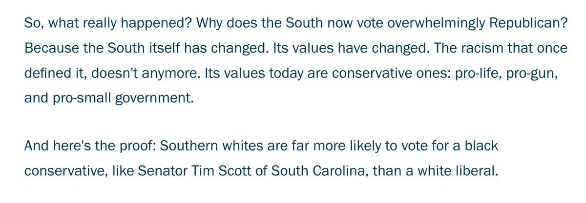 You can ultimately tell how weak this argument is by the final point. Sorry, no -- the two elections of Senator Tim Scott (in 2014 and 2016) doesn't retroactively change how things unfolded fifty years before in the South. That's not how history works.