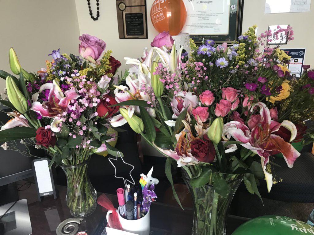 edieskip's tweet photo. Oh my word, @ncseatech has really surprised me this birthday! A flower from everyone with decorations and endless presents. Love my school family! #NCSEATech #blessedbeyondmeasure https://t.co/HvJPgVT74h