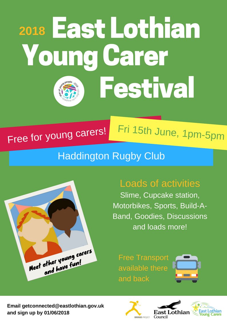 GetConnectedELC's tweet photo. We've been part of this fantastic festival coming up!

If you're a Young Carer (P6-18) get yourself down to Haddington Rugby Club on the 15th of June.

FREE transport.

FREE everything! https://t.co/ddvfEmW4BU