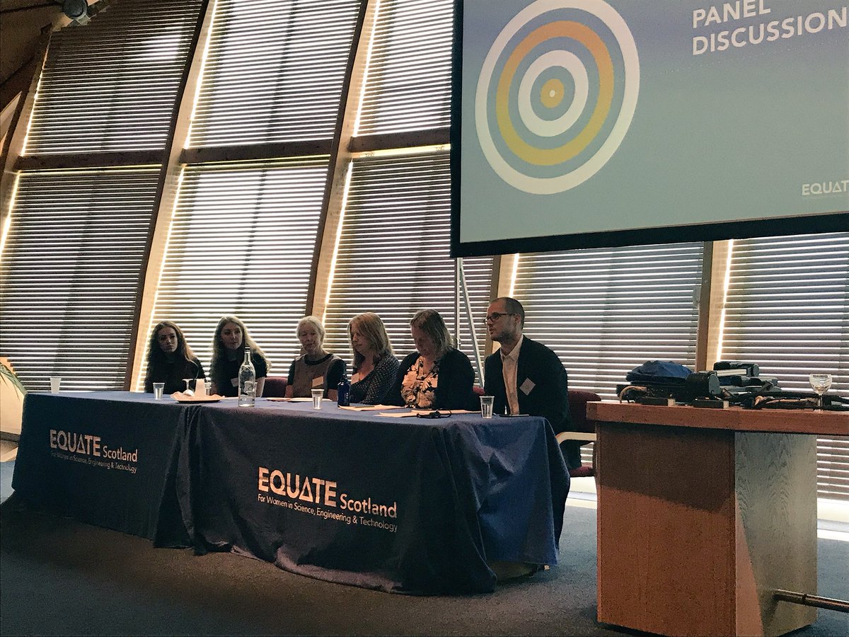EquateScotland's tweet photo. Now onto the final session. A panel discussing their insights on gender equality; @UofGfemeng @dundeeuni @OUScotland @WestLoCollege chaired by @ECUDavidB #STEMaction https://t.co/t9bbqrp9ze