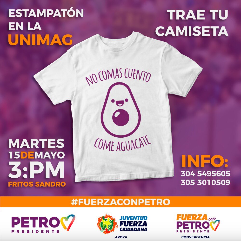 JovenesFuerzaC's tweet photo. ¿Te gustan estos diseños? ¡Puedes adquirirlos de manera gratuita! Hoy  en la estampaton que realizaremos a las afueras de la Universidad del Magdalena. 
Estaremos desde las 3:00 de la tarde. Únete y haz parte del voluntariado de @petrogustavo #FuerzaConPetro https://t.co/a61D2F1vcG