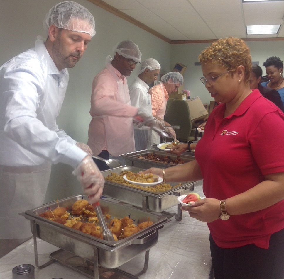 CIBCCaribbeanBB's tweet photo. CIBC FirstCaribbean staff at Head Office in Barbados were treated to breakfast served by the Senior Leaders of the bank. #EAD2018 https://t.co/SxTQBXjAtf