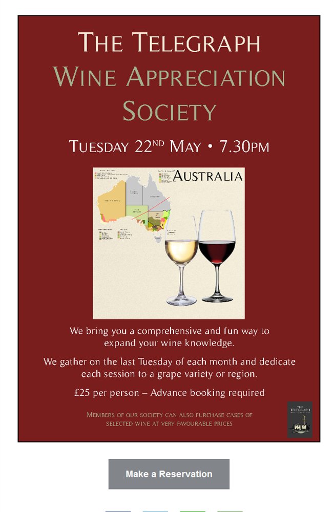 pub_events's tweet photo. The Telegraph Wine Appreciation . Australia . 22nd May 2017 . 7.30pm https://t.co/q7myO3lqZa https://t.co/nQtAZAGRZ5