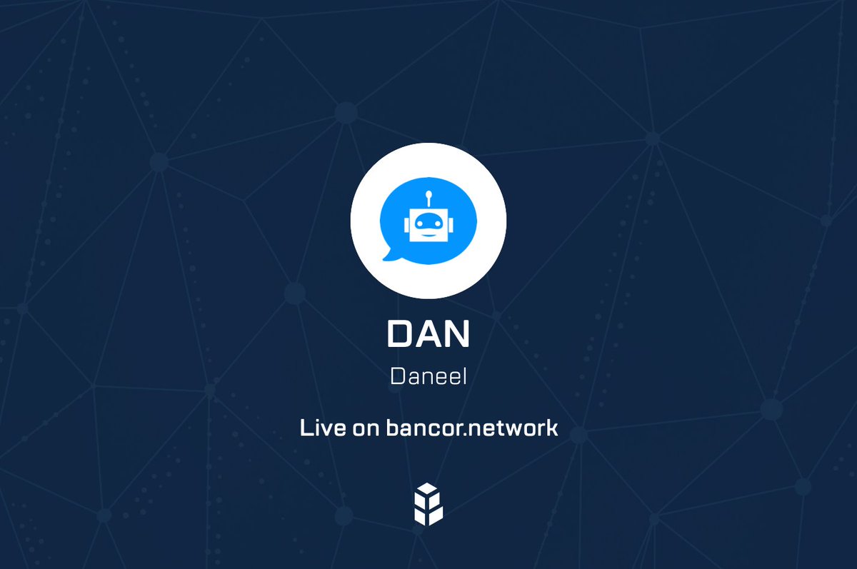 Bancor's tweet photo. Daneel (DAN) is LIVE on the Bancor Network for continuous, #decentralized and automated #liquidity. Check out the Web App to convert $DAN, $BNT, $EOS, $KIN and other #tokens directly from your #wallet. https://t.co/2TrNwijfrF @daneelproject https://t.co/4f9pa4nFcw