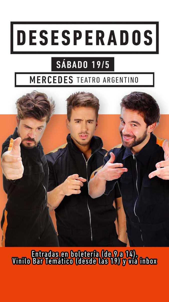 DesesperadosLO's tweet photo. SABADO en MERCEDES!

Teatro Argentino (Calle 27,600)
Entradas en boletería (de 9 a 14) y Vinilo Bar Temático (Calle 23 y 24, desde las 19hs) https://t.co/EcmUCitPqG