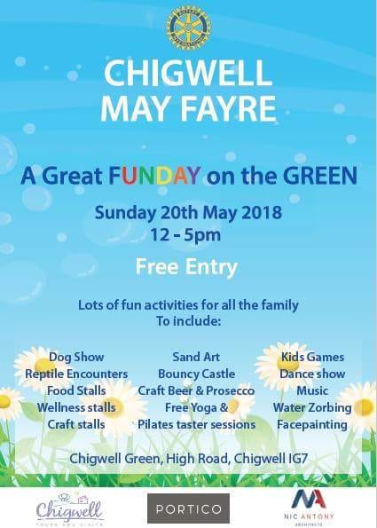 Chigwell May Fayre is this Sunday 20th May on Chigwell Green from 12-5pm. Free entry.  Fun day for the whole family #music #dance #entertainment #dogshow #foodstalls #crafts #reptiles #bouncycastle #waterzorbing #facepainting #yoga #familyfun #dayout #LoughtonRotaryClub