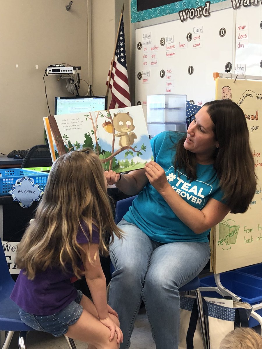 mrs_albanese's tweet photo. #TealTakeover Thank you Mrs. Conway for reading us Nutley; the Squirrel who can’t eat nuts! And teaching us about food allergies! How can you help? #FHLeads #FHCares #foodallergyawareness https://t.co/ZILjyEokld