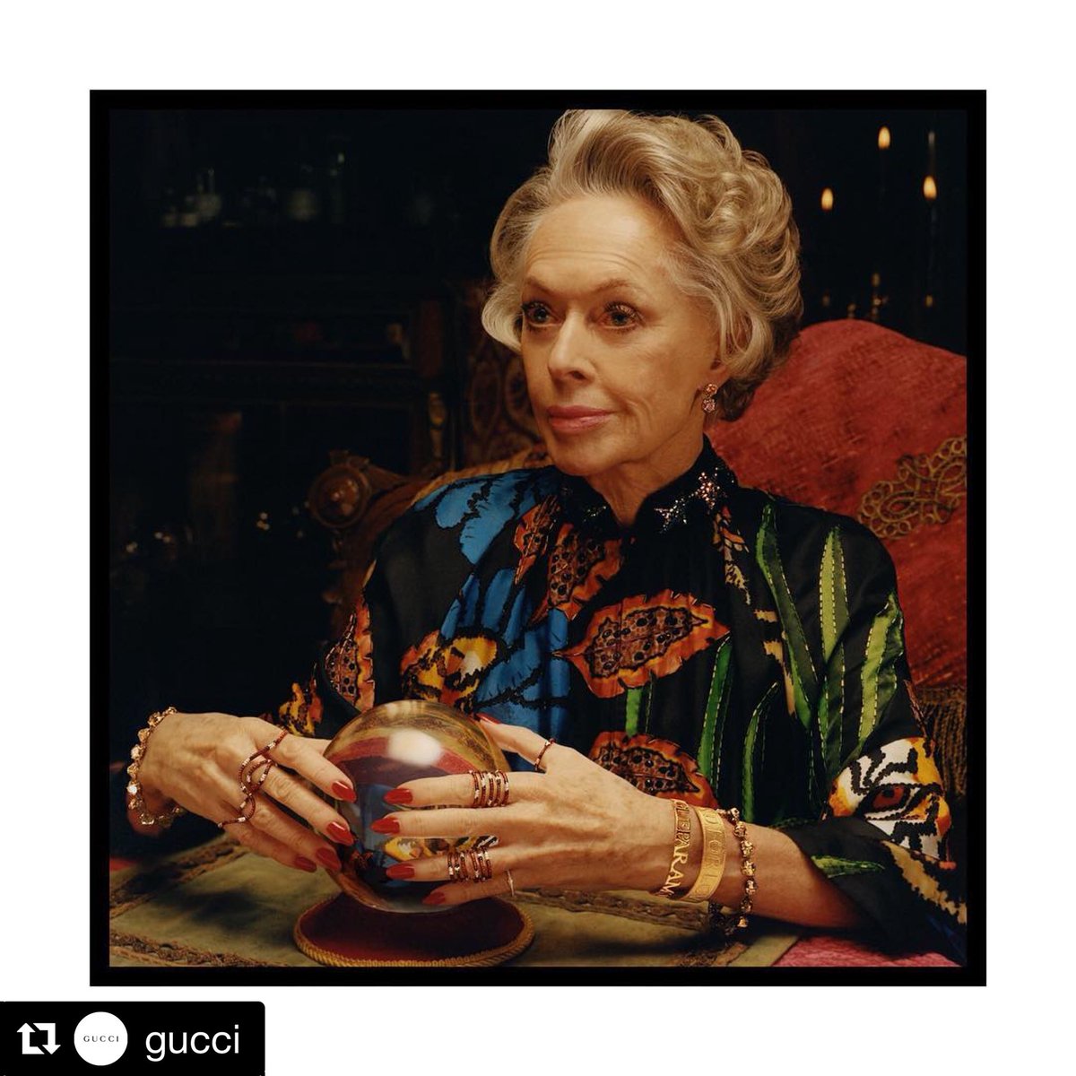 Channeling an otherworldly spirit,the new #GucciTimepieces and #GucciJewelry campaign directed by  colin_dodgson tells the story of a fortune teller—famed actress @Tippi_Hedren reading the fate of young visitors wearing key pieces from the new collections #AlessandroMichele