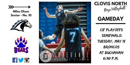 It's Gameday! Head to Buchanan tonite as the Broncos face <a href="/BHSMensVolley/">Buchanan Mens Volleyball</a> in a semifinal playoff showdown. Be there. Be Loud. #OurTimeIsNow #volleyball #togetherwewin #GoBroncos