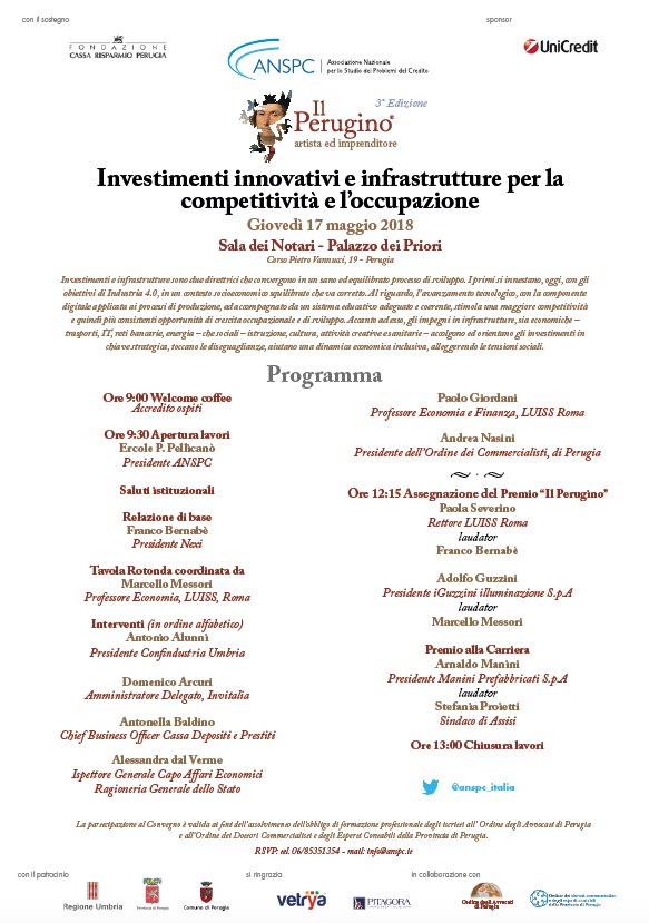 anspc_italia's tweet photo. Giovedì 17 maggio a #Perugia si svolgerà il Perugino Investimenti innovativi e infrastrutture per la competitività e l’occupazione verrano Premiati #PaolaSeverino @UniLUISS #AdolfoGuzzini illuminazioni e #ArnaldoManini @ManiniPrefab @UniCredit_IT @vetrya #Perugino2018 https://t.co/uNPsmS9Y8a