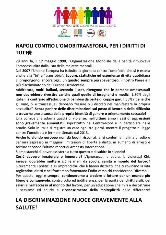 ExOpgJesopazzo's tweet photo. Oggi h 16:30 in piazza in vista della giornata internazionale contro l'omobitransfobia per dire no a violenze, discriminazioni e avversione nei confronti della comunità LGBT+!
Importante esserci, perché la discriminazione nuoce gravemente alla salute! #StayRainbow @arcigaynapoli https://t.co/JtspKUarIo