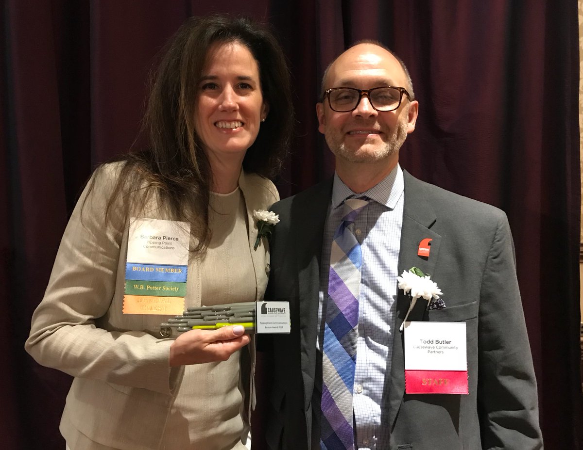 Our @BarbaraPierce with @misterbutter celebrating great @Causewave work in our community. #FillYourCupRoc #BeaconAward