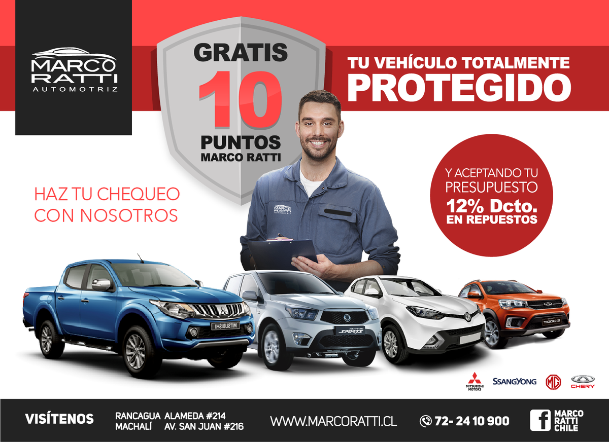marcorattichile's tweet photo. Protege tu vehículo realizando GRATIS 10 puntos de Chequeo  🚗🚙🚘👨🏼‍🔧
Reserva tu hora aquí 👉🏻 https://t.co/zJMZKkjHZv  📱🗓️
#MarcoRatti #Rancagua #Machali #OHiggins #FelizMartes #diadelpisco https://t.co/Bj4l0E6I3N