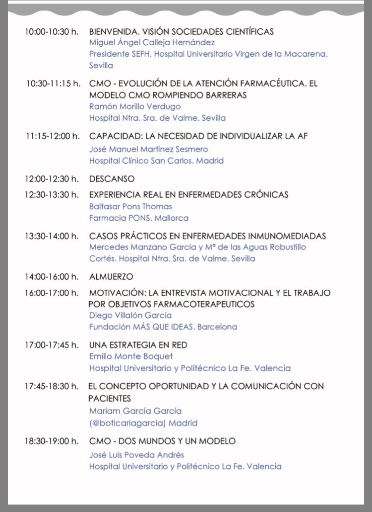 morilloverdugo's tweet photo. Últimas plazas disponibles para la mejor jornada de aprendizaje del modelo de atención farmacéutica #cmo . No te lo pierdas, será inolvidable. Barbate, 31 mayo. Inscríbete en web de @sefh_ https://t.co/9YjERVmJZE