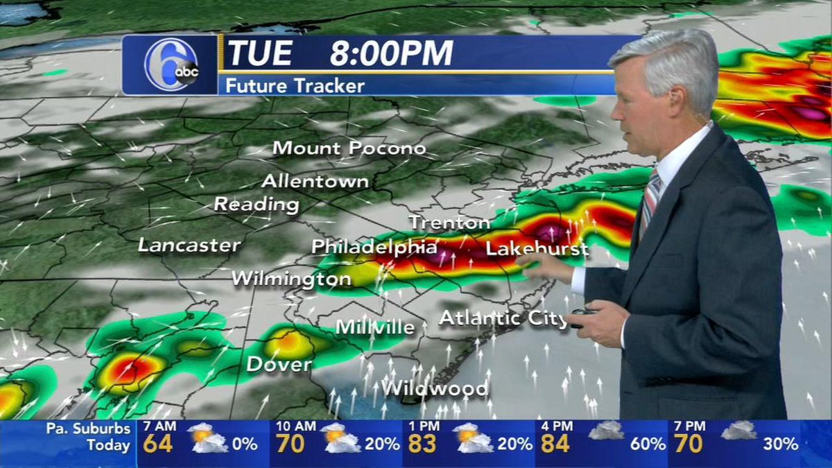 6abc's tweet photo. ACCUWEATHER ALERT: It gets hot and somewhat humid.  Late today, strong thunderstorms begin to move into the region from the north, featuring damaging wind gusts, lightning, hail and downpours that could produce street flooding.   https://t.co/v1LztwGGVM https://t.co/XVkS97P8UV