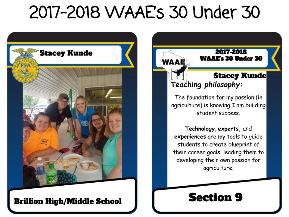 WiAgEd's tweet photo. 30 Under 30: Stacey Kunde always has a big, contagious smile! She has really "dug in" and made Brillion Ag Ed &amp; FFA her own! Great job, Stacey! #WAAEBeyondtheClassroom https://t.co/xAv0tz58dj